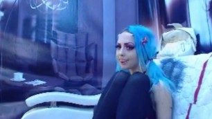 Turquoise Haired Gothic Girl Takes off Stockings and Worships her own Feet