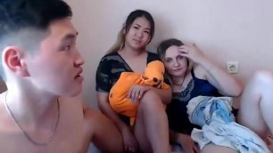 White girl in threesome with Asian couple