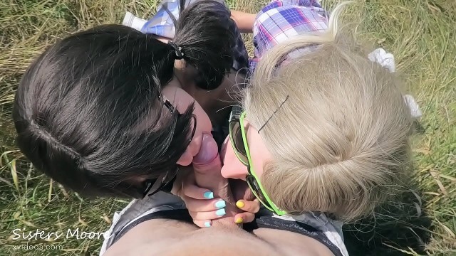 Outdoor blowjob with 2 girl&comma; cum in mouth&comma; cum kissing - threesome ffm Amateur Step Sisters Moore